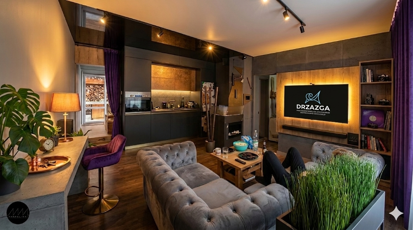 Wizualizacja salonu z aneksem w stylu loft